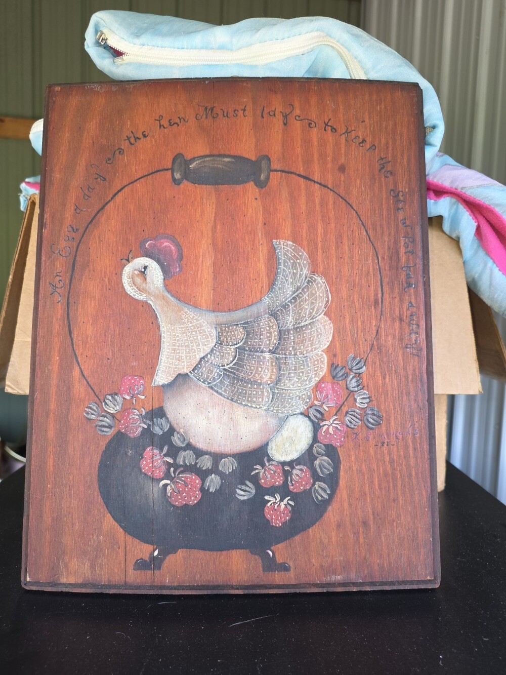 Folk Art Rosemaling Farmhouse “Hen” Chicken Painting On Wood Signed Bennie 1985